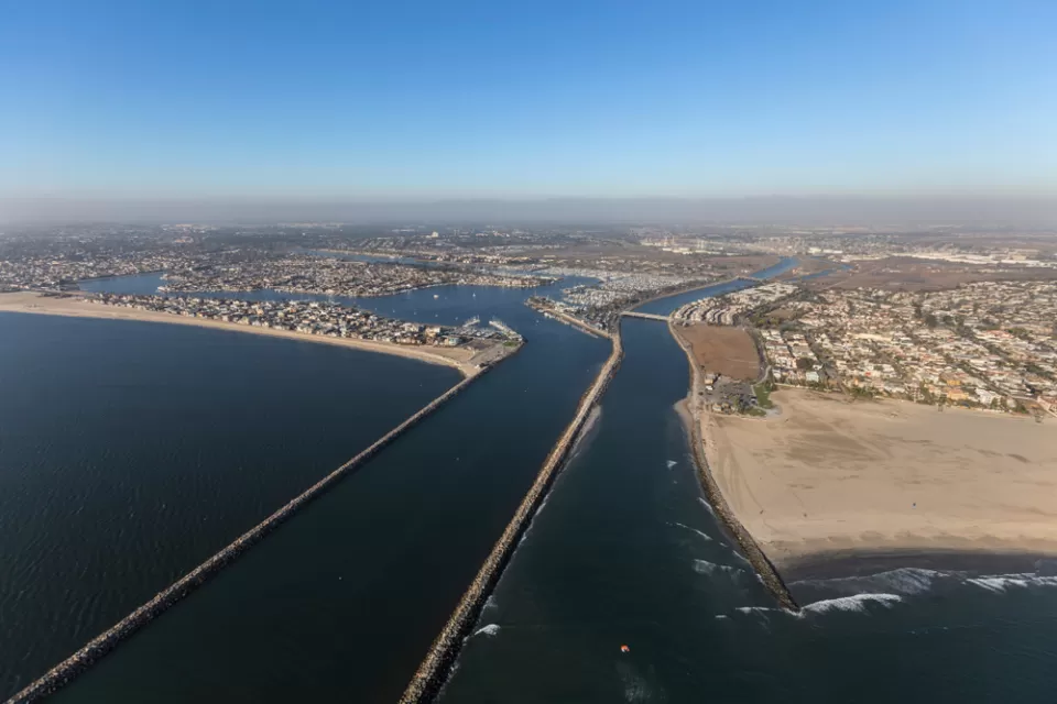 Aerial view of San Gabriel River where it meets the ocean in Long Beach, California